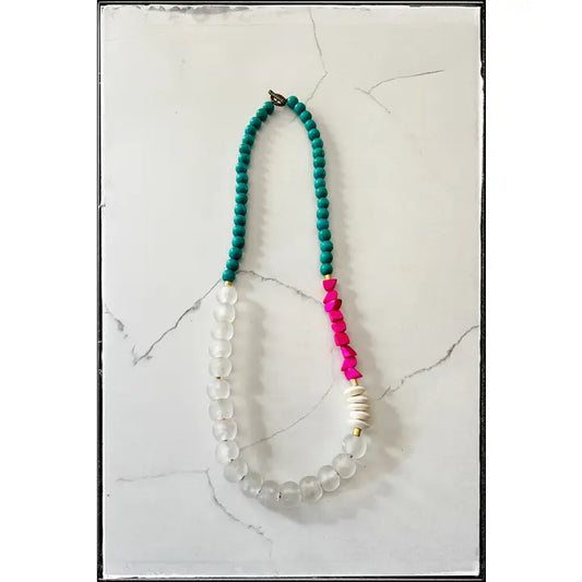 Assymetrical Glass Bead Necklace in Turq/Pink