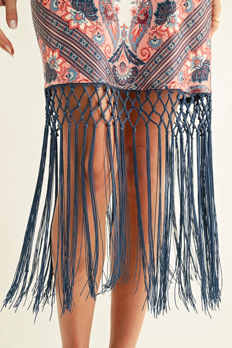 Adelyn Rae Morgan Bias Midi Fringe Dress in Coral Multi