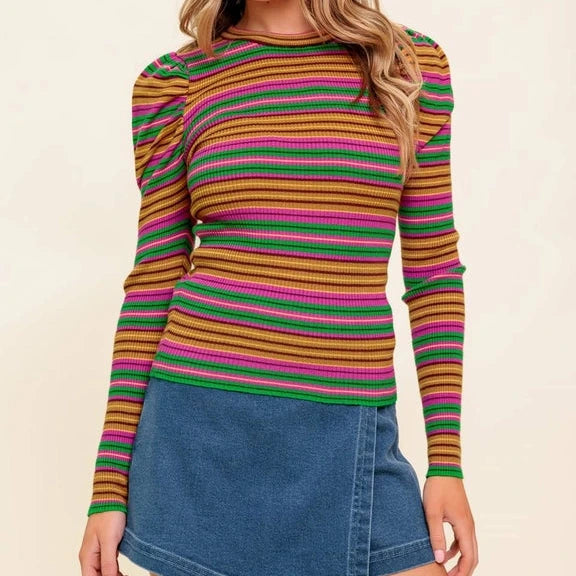 Long Sleeve Striped Sweater in Pink/Green