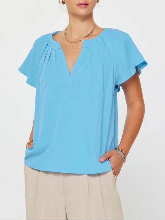Pleated Neckline with Flutter Sleeve Blouse in Faded Blue