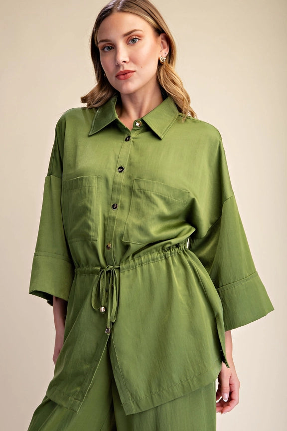 Silky Tie Waist Dolman Tunic in Olive