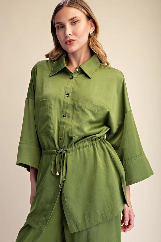 Silky Tie Waist Dolman Tunic in Olive