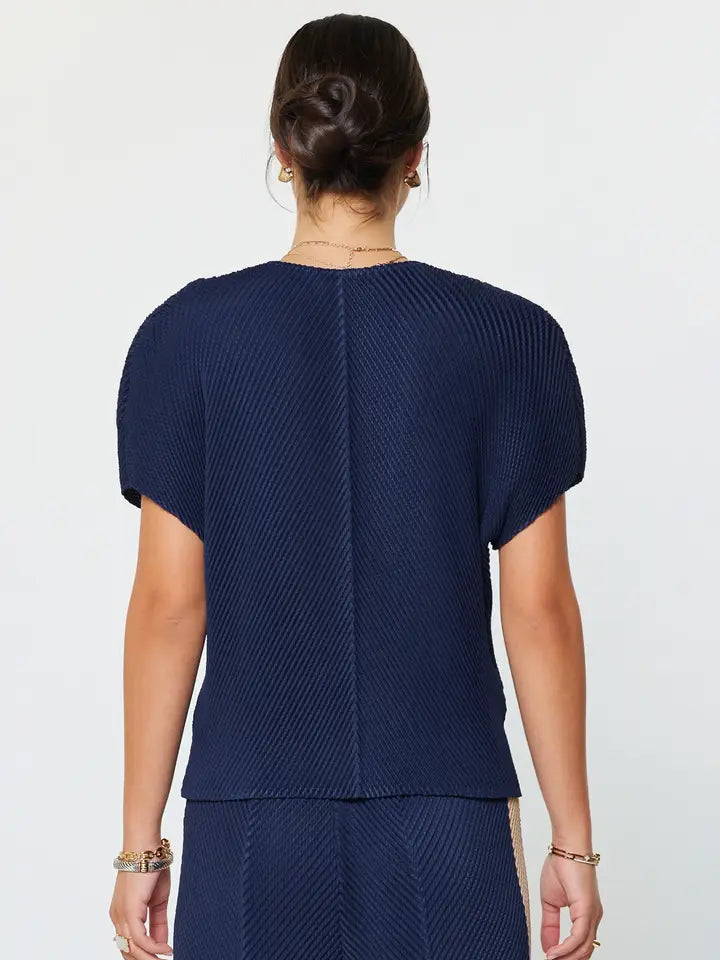 V Neck Dolman Sleeve Pleated Top in Navy