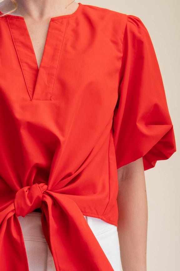 V-Neck Tie Front Top in Red