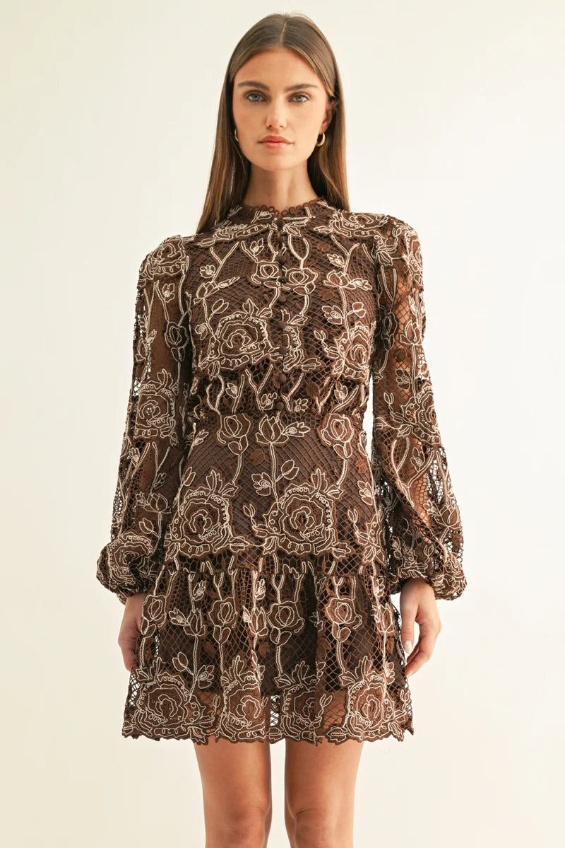 Adelyn Rae Makai LS Lace Mini Dress in Chocolate