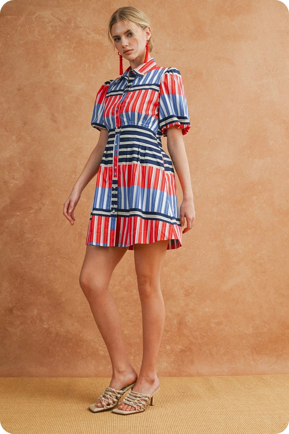 Puff Sleeve Color Block Mixed Stripe Dress in Red/Blue