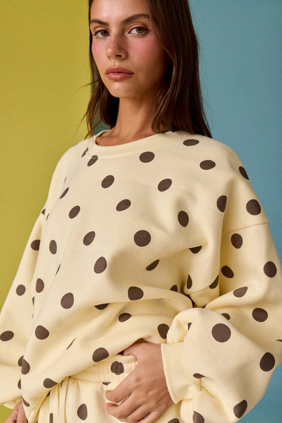 Sweatshirt/Short Set in Cream/Chocolate Polka Dot