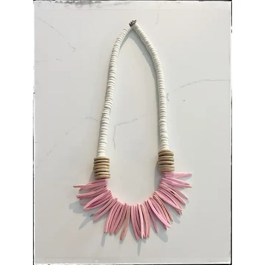 Bone Disk & Wood Stick Bead Necklace in Pink