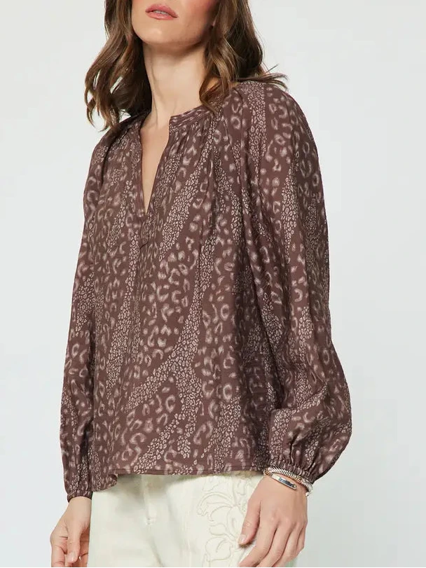 Abstract Animal Printed Long Sleeve Blouse in Mauve Brown