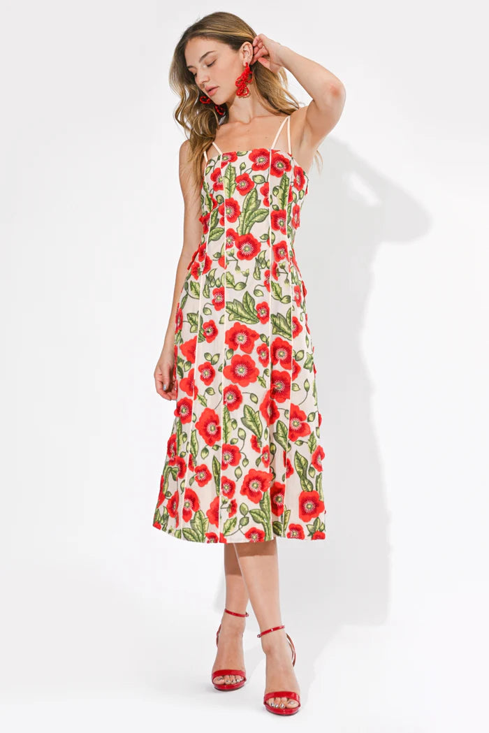 Adelyn Rae Ivy 3D Floral Midi Dress in Red Multi
