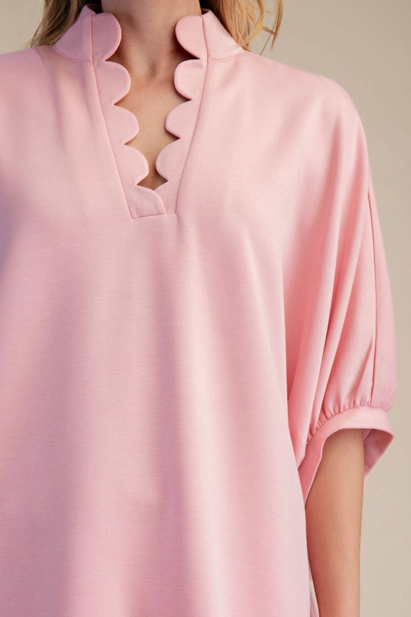 Scalloped Oversized Top with Matching Short Set in Pink