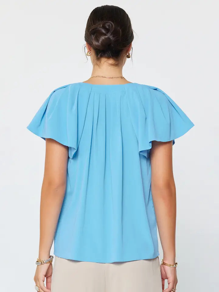 Pleated Neckline with Flutter Sleeve Blouse in Faded Blue