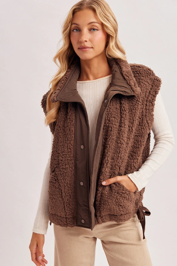 Mock Neck Sherpa Vest in Chocolate