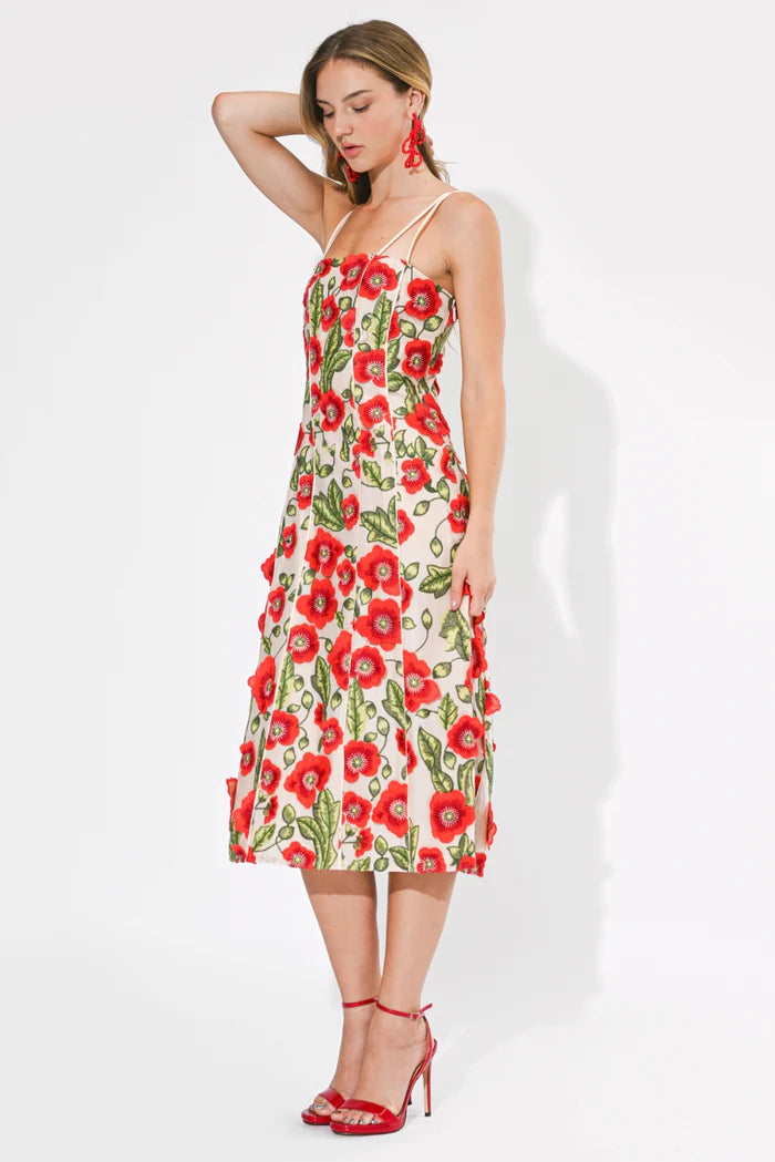 Adelyn Rae Ivy 3D Floral Midi Dress in Red Multi