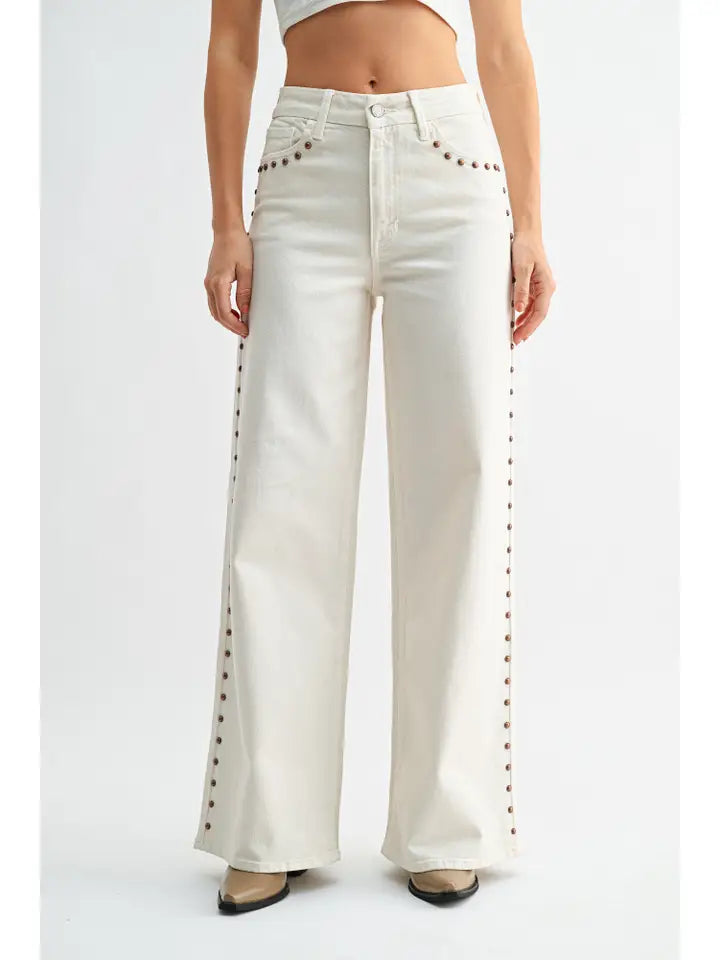 Just Black Denim High Rise Studded Palazzo in Cream