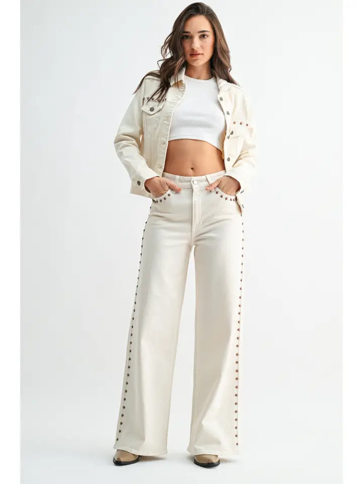 Just Black Denim High Rise Studded Palazzo in Cream