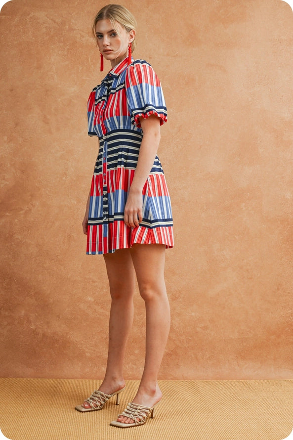 Puff Sleeve Color Block Mixed Stripe Dress in Red/Blue