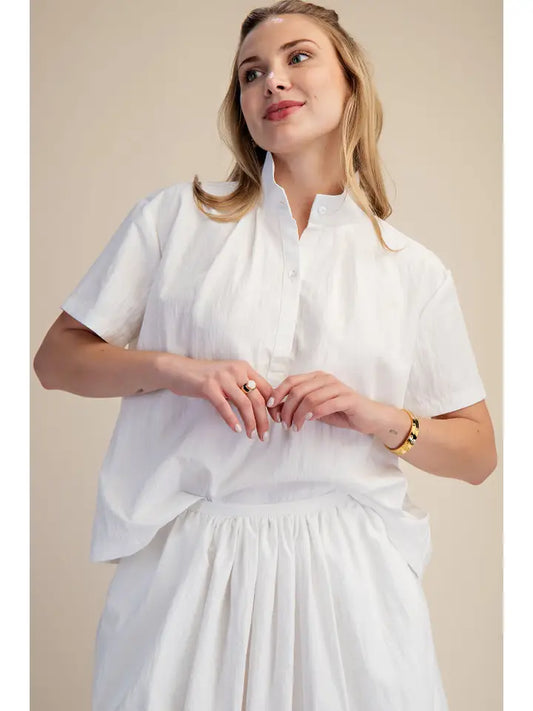 Poplin Raised Collar Blouse in White