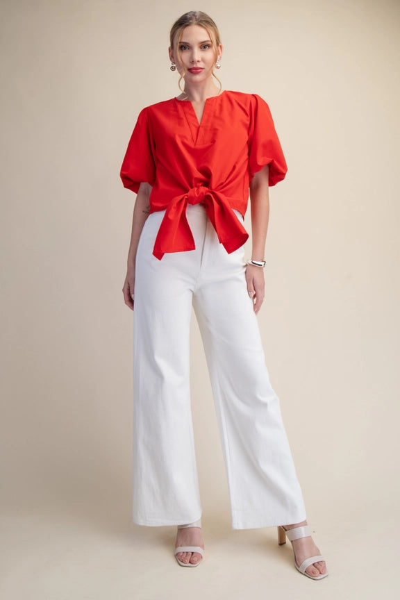 V-Neck Tie Front Top in Red