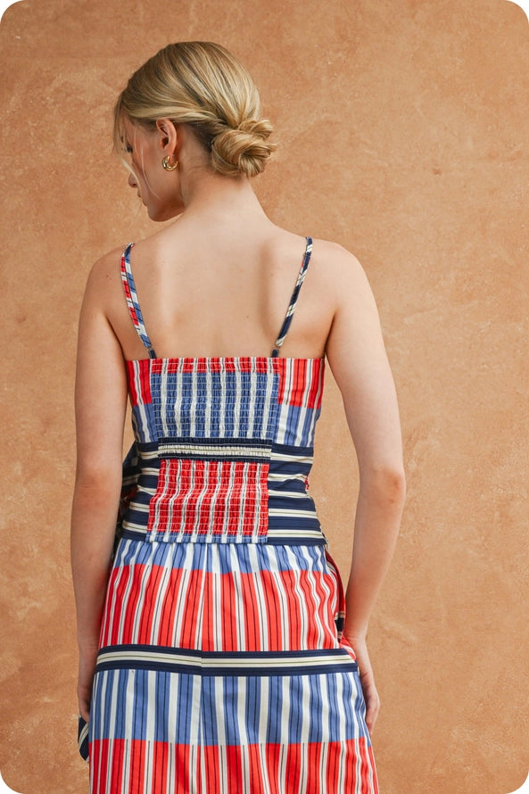 Colorblock Mixed Stripe Tie-Side Cami Top in Red/Blue