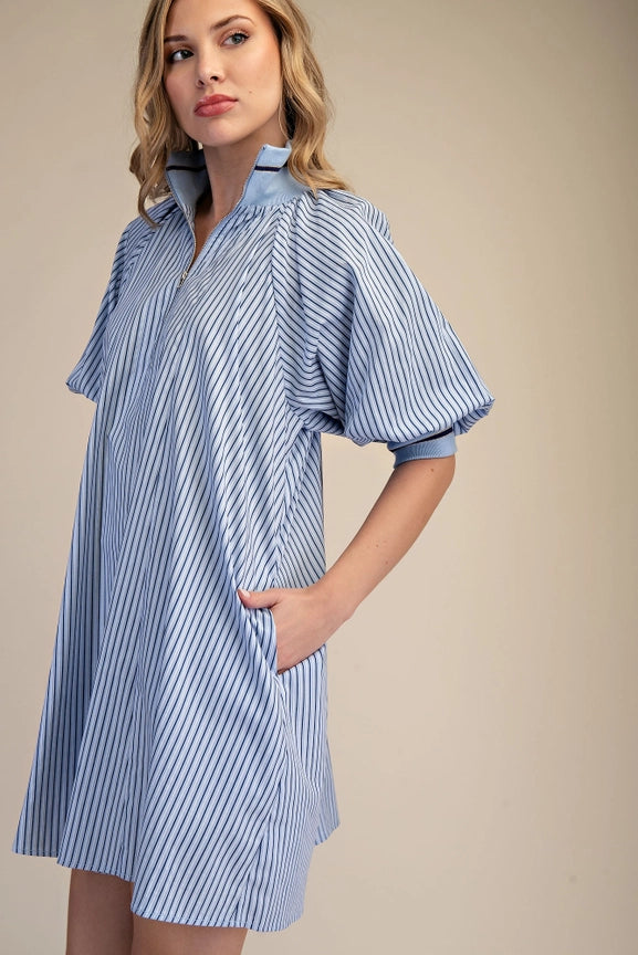 Half Zip Front Striped Dress in Blue
