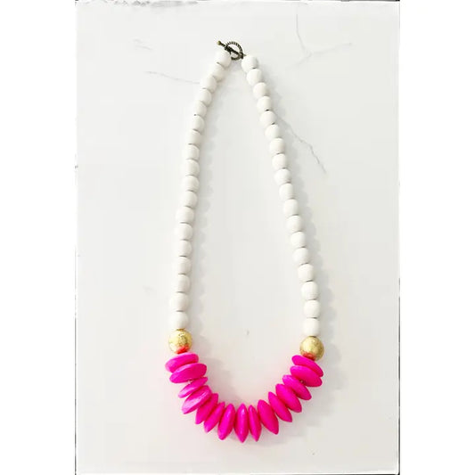 White Wooden Bead Necklace with Disk in Pink