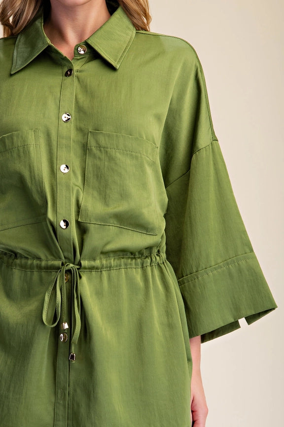 Silky Tie Waist Dolman Tunic in Olive