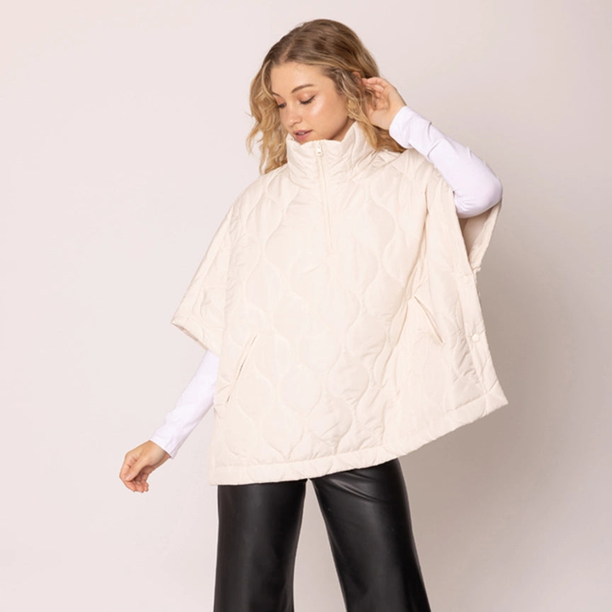Oversized Quilted Half Zip Poncho in Ivory