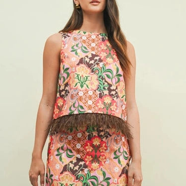 Feather Trimmed Satin Tank in Garden Party