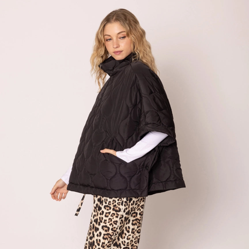 Oversized Quilted Half Zip Poncho In Black