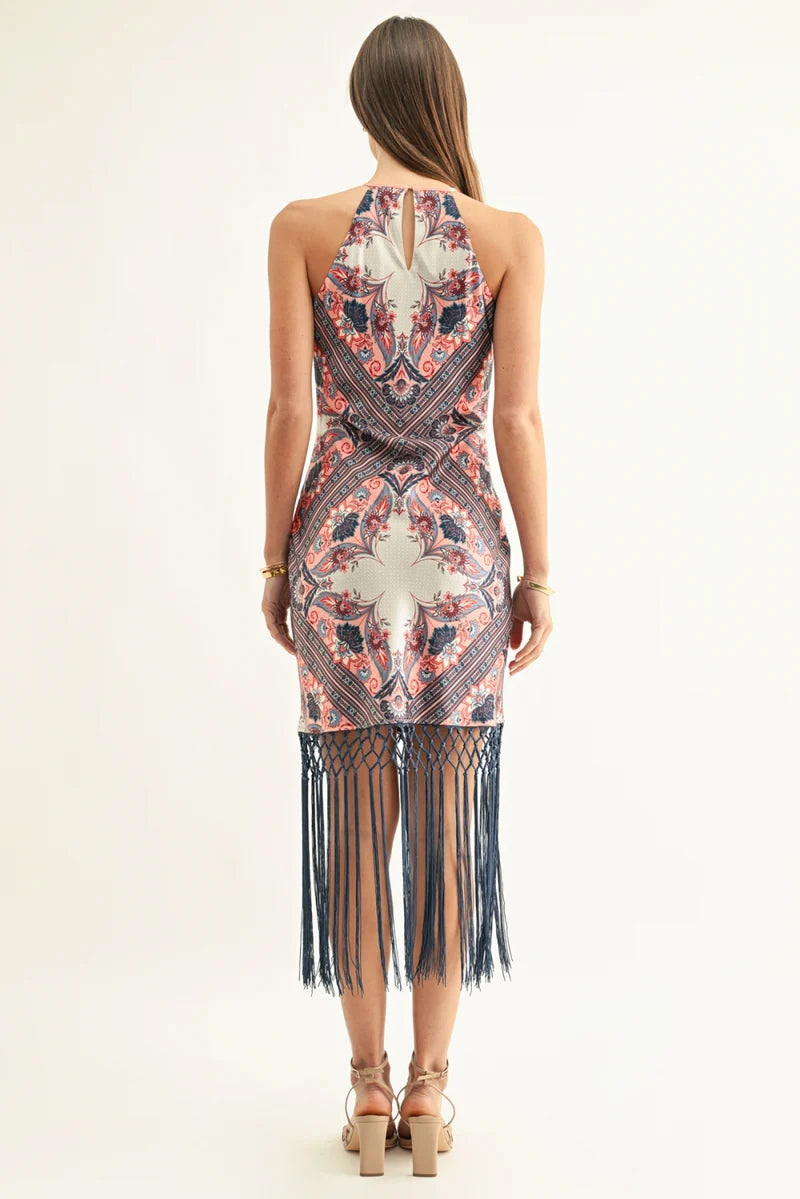Adelyn Rae Morgan Bias Midi Fringe Dress in Coral Multi