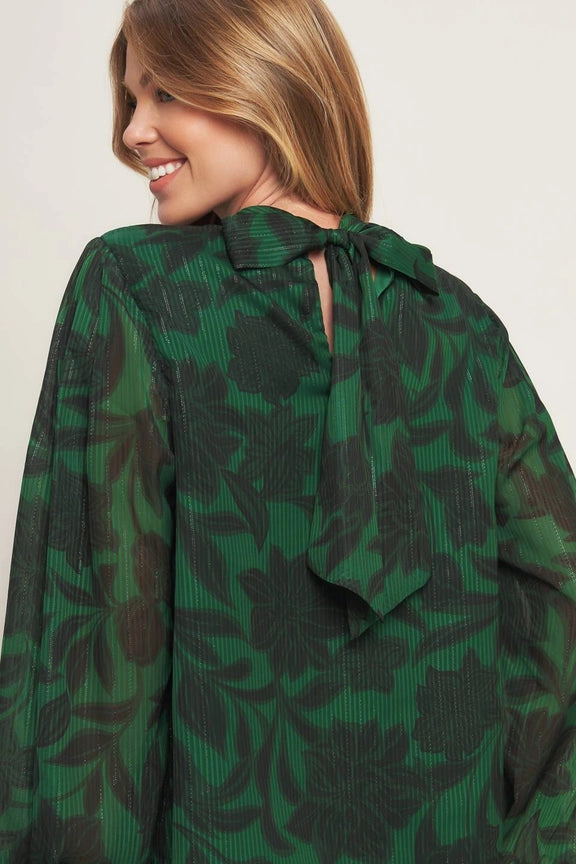 High Neck Tie Back Blouse in Holiday Green
