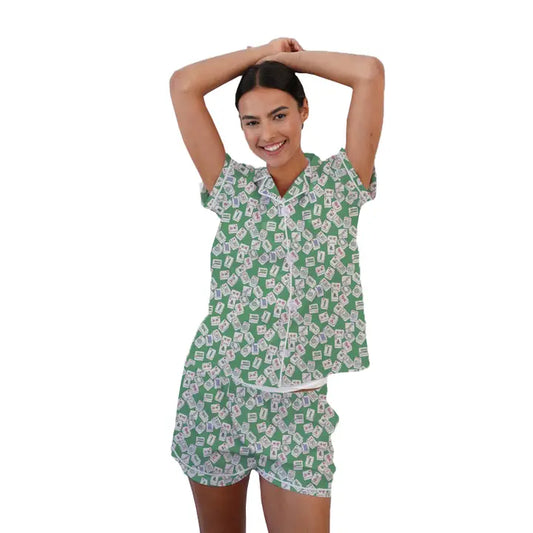 Short Sleeve Buttondown Pajamas with Shorts in Green Mahj