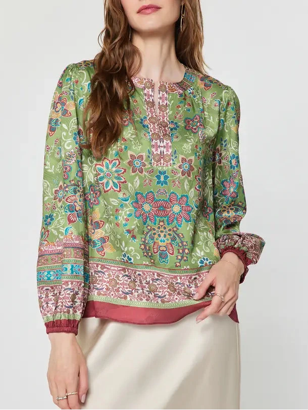 Boho Floral Border Printed Long Sleeve Blouse in Olive