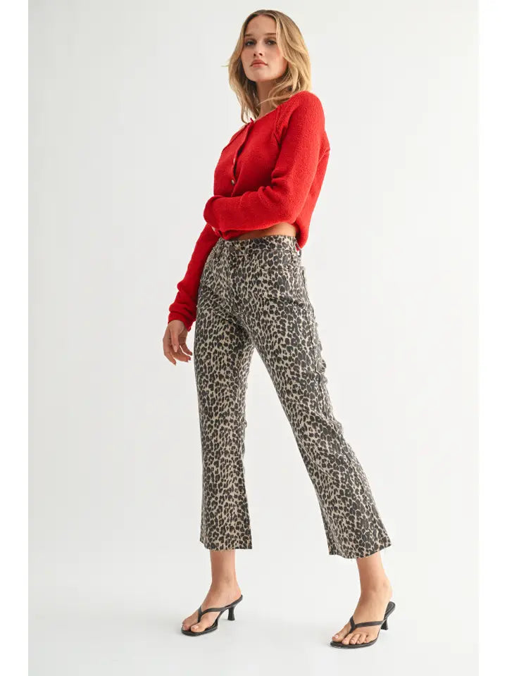Just Black Denim High Rise Crop Tonal Flare in Leopard