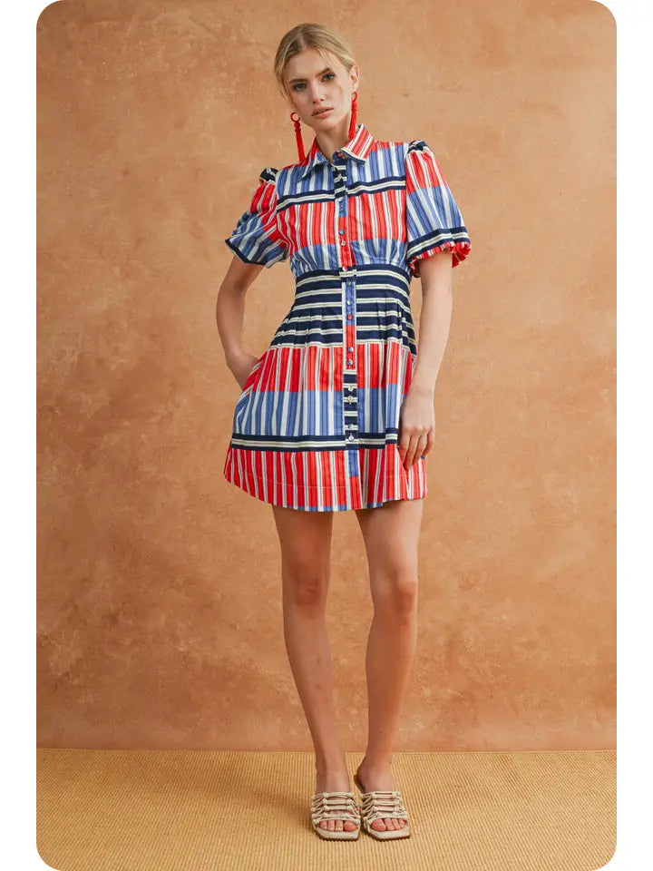 Puff Sleeve Color Block Mixed Stripe Dress in Red/Blue