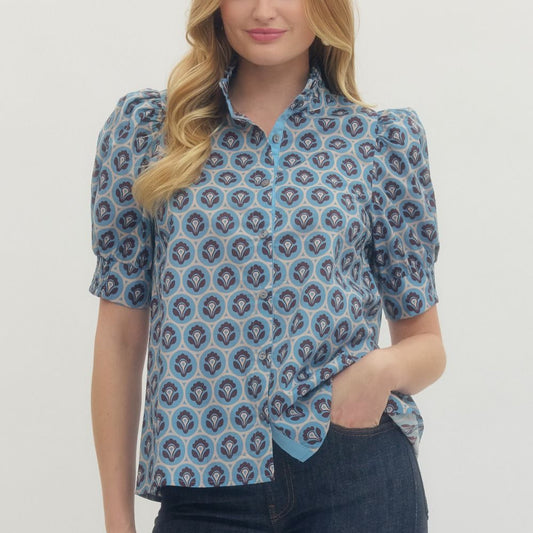Geo Printed Short Sleeve Buttondown in Blue