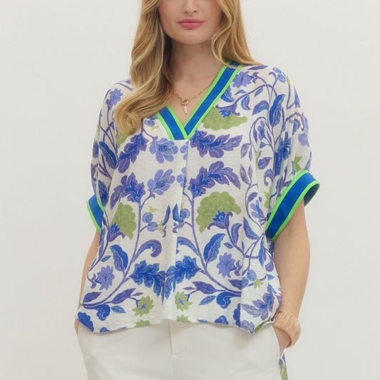 Colorblock Floral V-Neck in Royal Multi