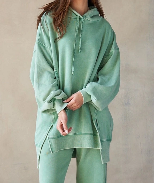 Oversized Side Slit Hoodie in Green