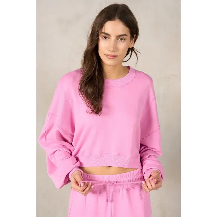 Flare Legged Cropped Sweatshirt Set in Pink