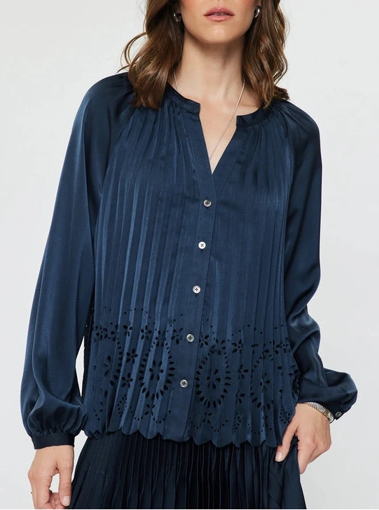 Pleated Laser Cut Button-Up Blouse in Navy
