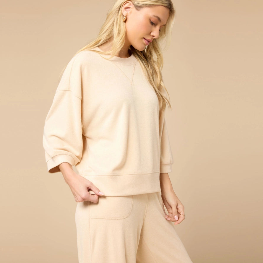 Softies Terry Cropped Sleeve Crew Neck Wide Leg Pant Set