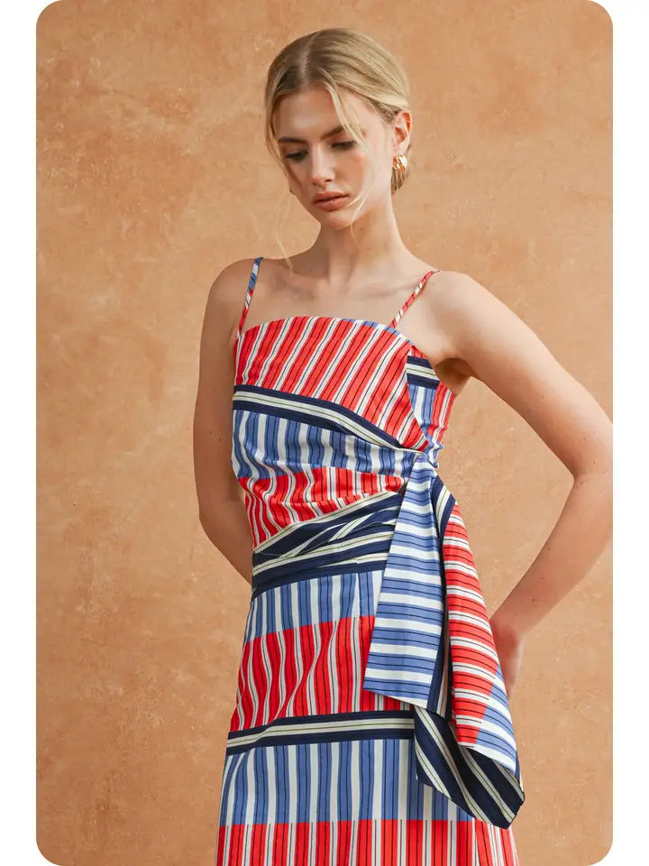 Colorblock Mixed Stripe Tie-Side Cami Top in Red/Blue