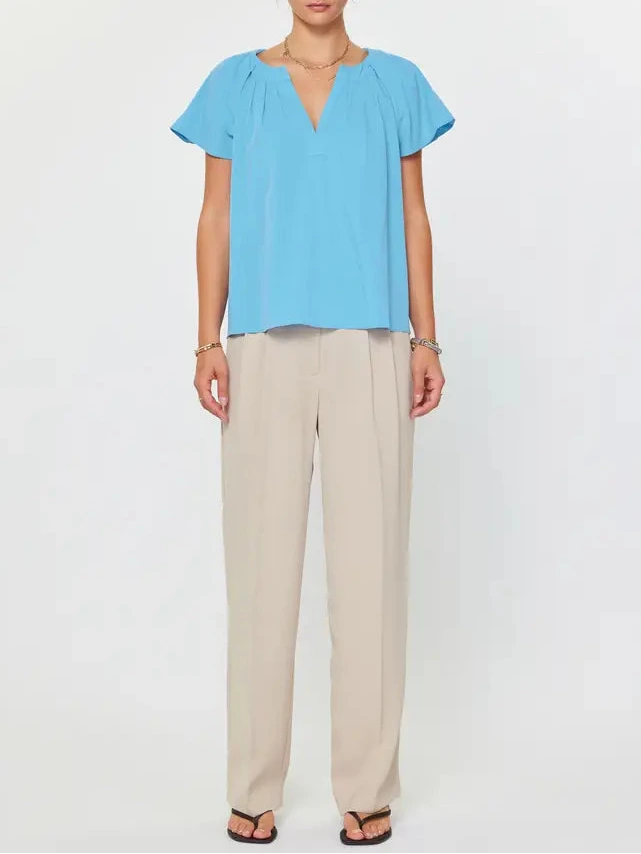 Pleated Neckline with Flutter Sleeve Blouse in Faded Blue