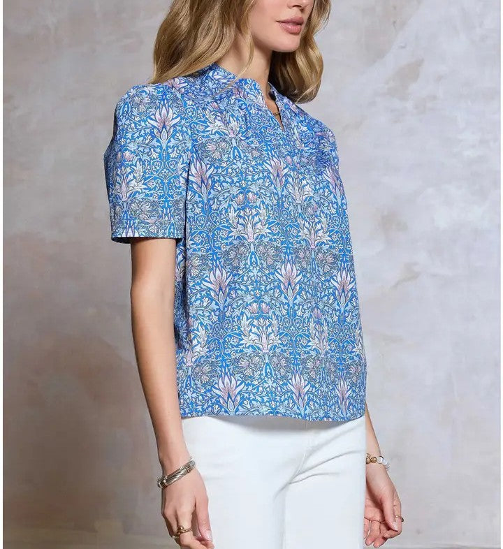 Printed Puff Sleeve Short Sleeve Top in Blue