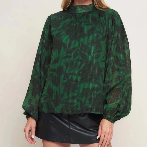 High Neck Tie Back Blouse in Holiday Green