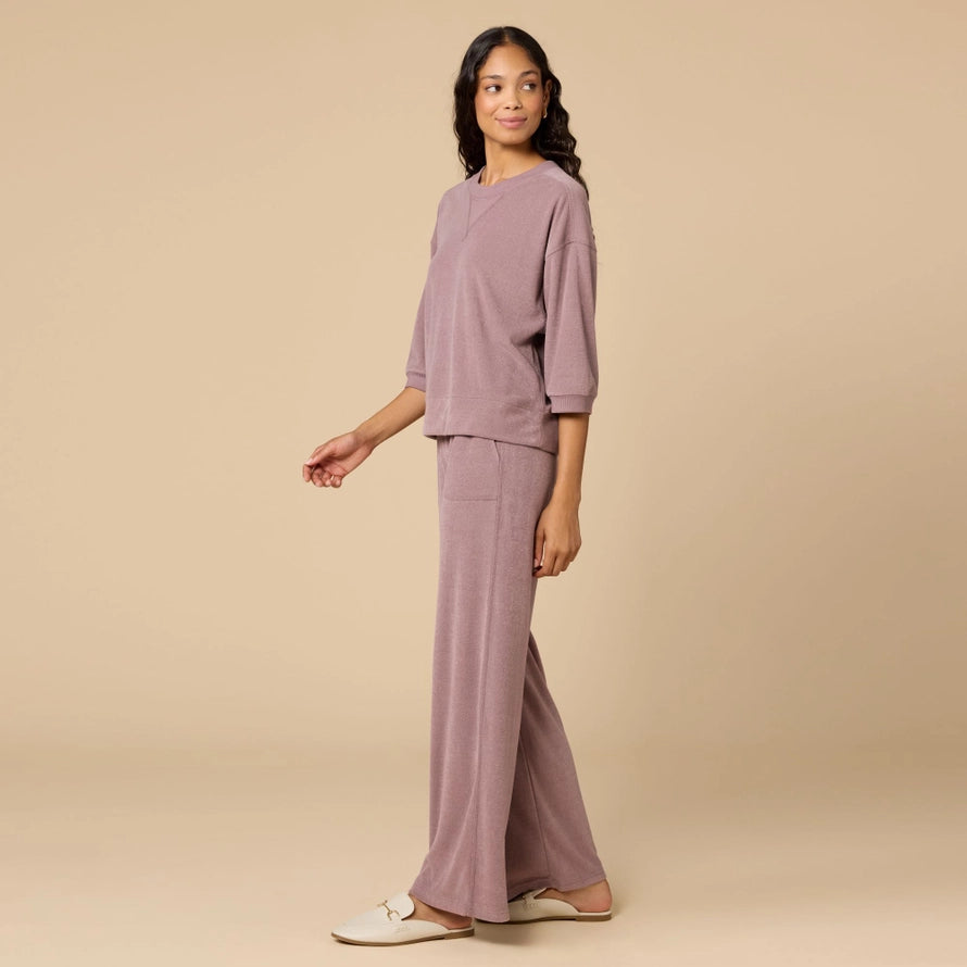 Softies Terry Cropped Sleeve Crew Neck Wide Leg Pant Set