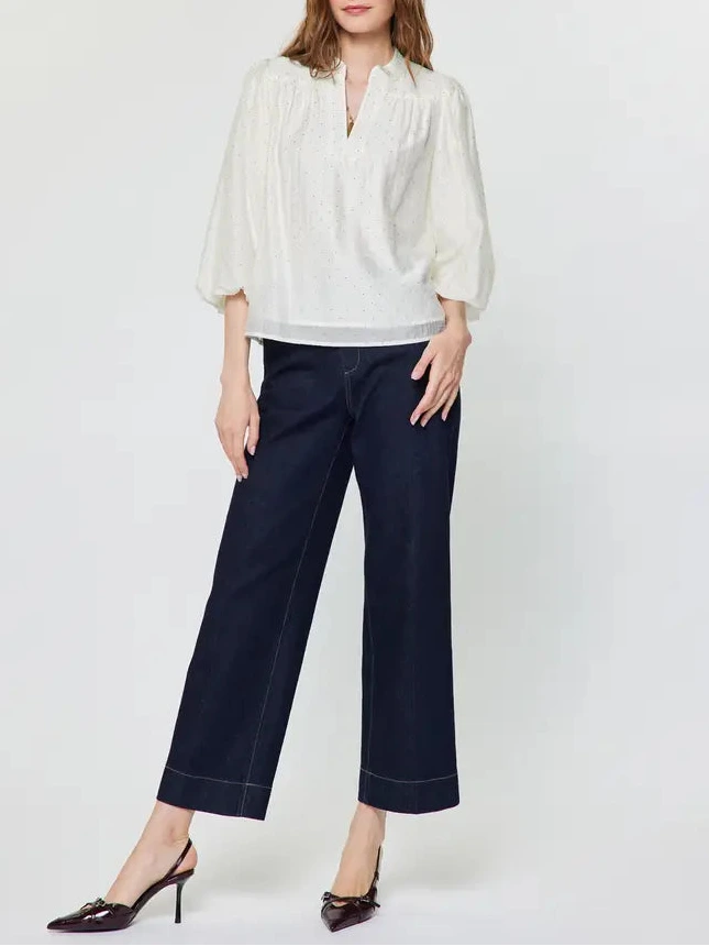 Rhinestone 3/4 Puff Sleeve Blouse in Cream