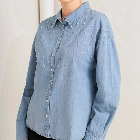 Washed Chambray Pearl Embellished Buttondown in Light Blue