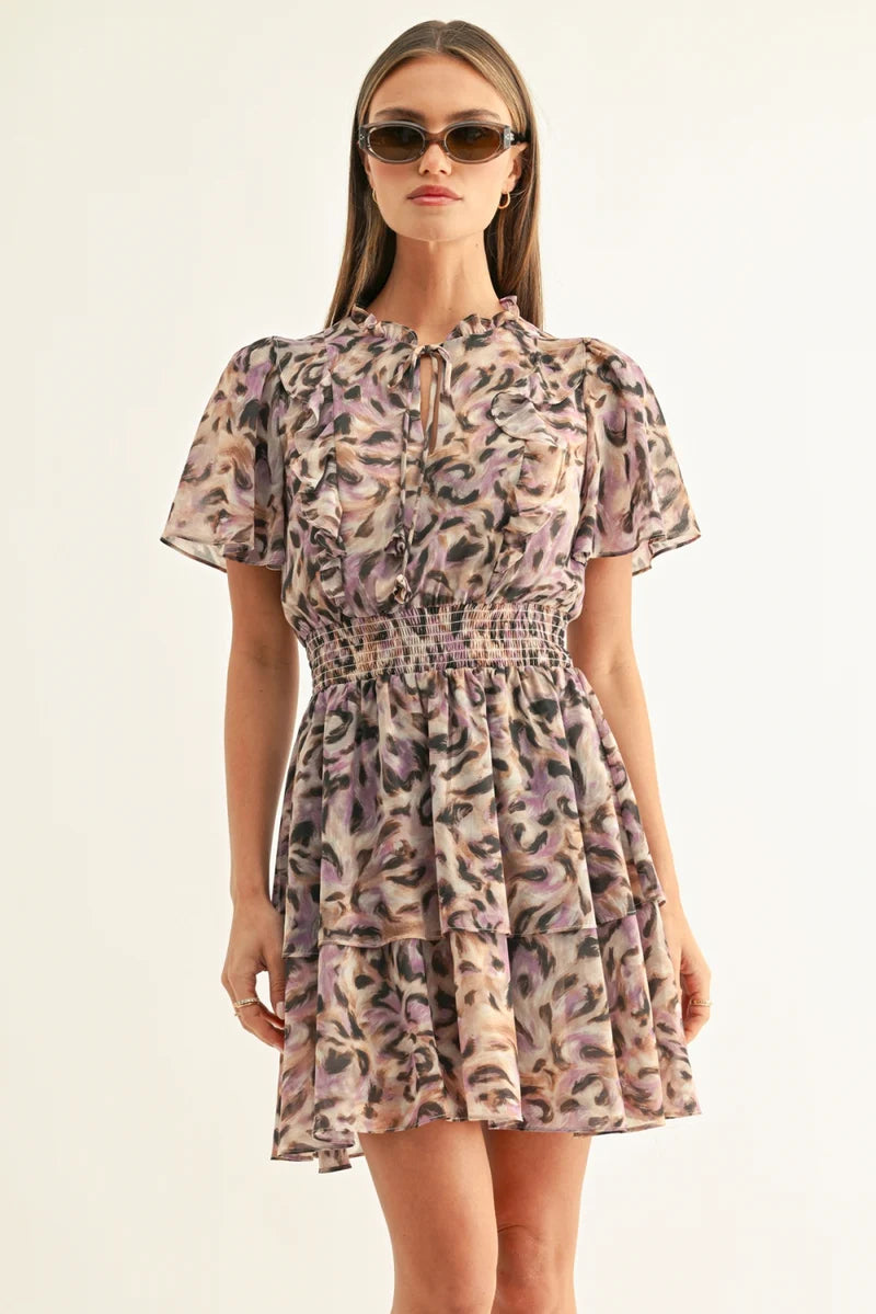 Adelyn Rae Lorena Flutter Sleeve Mini Dress in Lavender Leopard